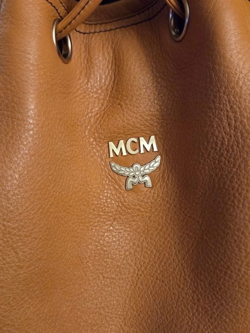 Authentic MCM Heritage Leather Drawstring Bucket Bag - Cognac Tan